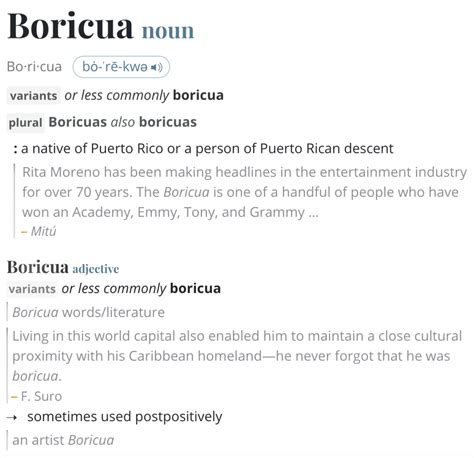 The meaning of BORICUA is a native of Puerto Rico or a person of Puerto Rican descent. How to use Boricua in a sentence.